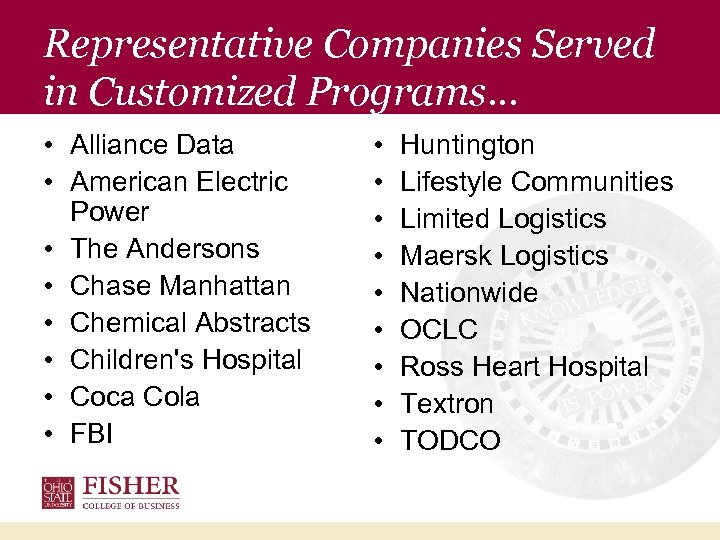Representative Companies Served in Customized Programs… • Alliance Data • American Electric Power •