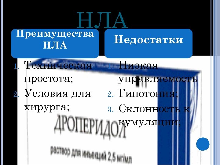 НЛА Преимущества Недостатки НЛА 1. 2. Техническая простота; Условия для хирурга; 1. 2. 3.