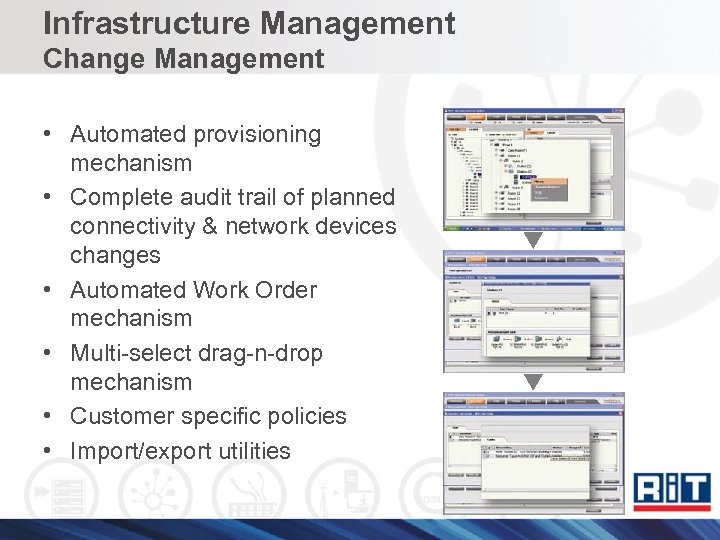 Infrastructure Management Change Management • Automated provisioning mechanism • Complete audit trail of planned