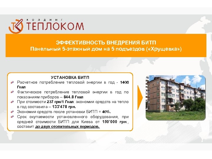 ЭФФЕКТИВНОСТЬ ВНЕДРЕНИЯ БИТП Панельный 5 -этажный дом на 5 подъездов ( «Хрущевка» ) УСТАНОВКА