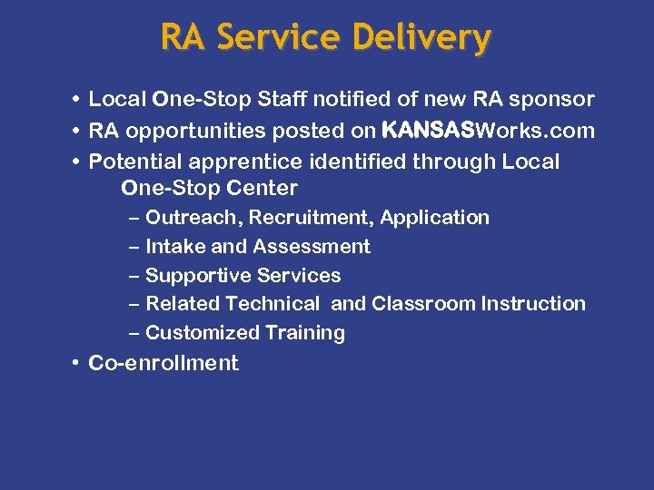 RA Service Delivery • Local One-Stop Staff notified of new RA sponsor • RA