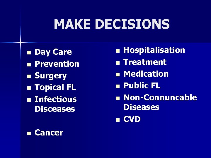 MAKE DECISIONS n n n Day Care Prevention Surgery Topical FL Infectious Disceases n