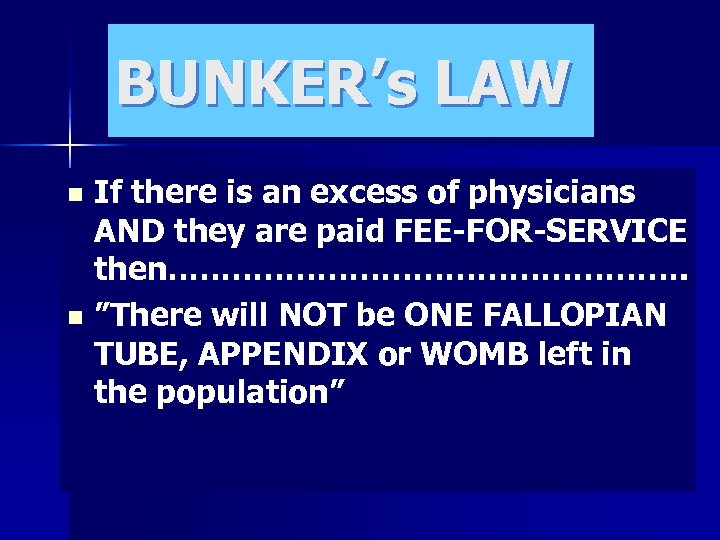 BUNKER’s LAW If there is an excess of physicians AND they are paid FEE-FOR-SERVICE