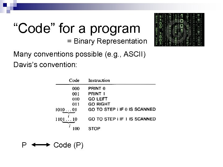 “Code” for a program = Binary Representation Many conventions possible (e. g. , ASCII)