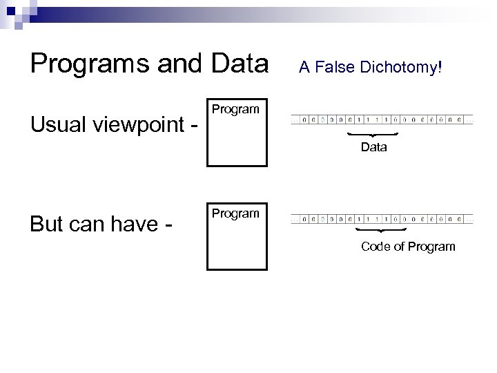 Programs and Data Usual viewpoint - A False Dichotomy! Program Data But can have