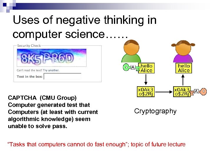 Uses of negative thinking in computer science…… CAPTCHA (CMU Group) Computer generated test that