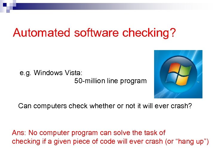 Automated software checking? e. g. Windows Vista: 50 -million line program Can computers check