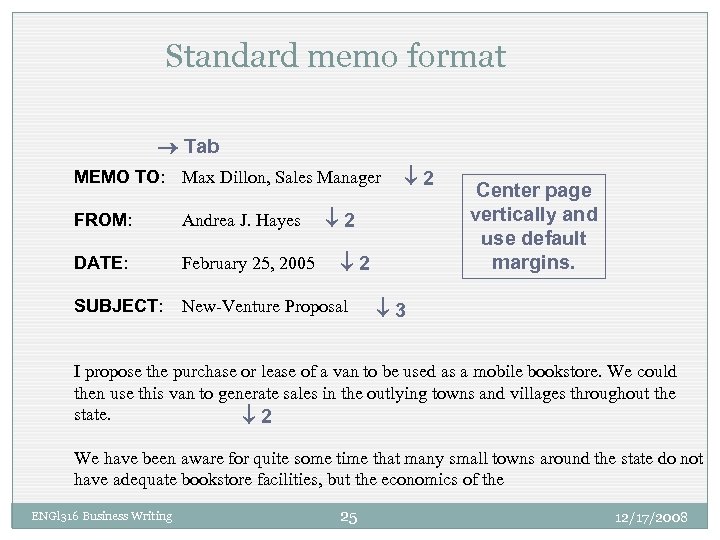 Standard memo format Tab MEMO TO: Max Dillon, Sales Manager 2 2 FROM: Andrea