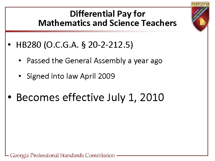 Differential Pay for Mathematics and Science Teachers • HB 280 (O. C. G. A.