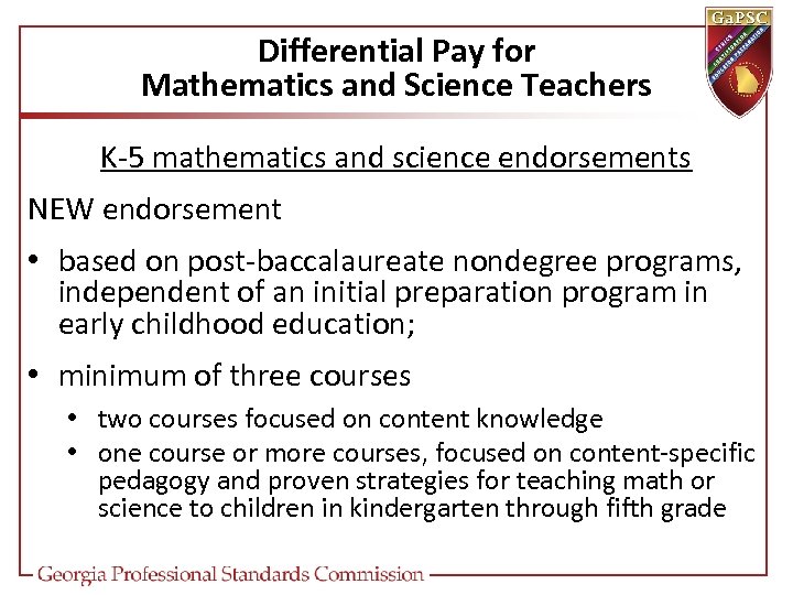 Differential Pay for Mathematics and Science Teachers K-5 mathematics and science endorsements NEW endorsement