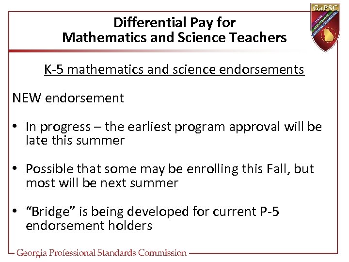 Differential Pay for Mathematics and Science Teachers K-5 mathematics and science endorsements NEW endorsement