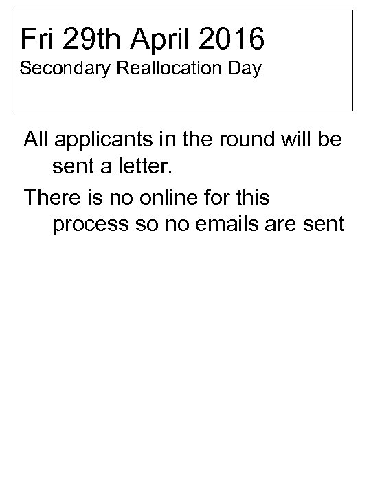 Fri 29 th April 2016 Secondary Reallocation Day All applicants in the round will