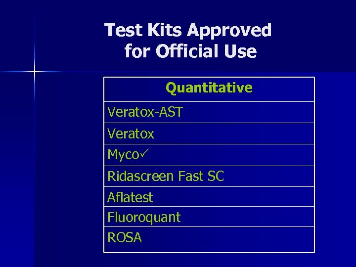 Test Kits Approved for Official Use Quantitative Veratox-AST Veratox Myco. P Ridascreen Fast SC