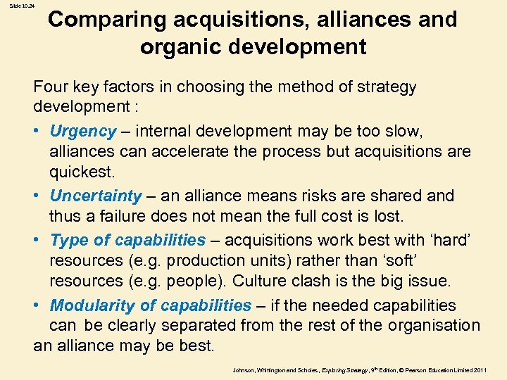 Slide 10. 24 Comparing acquisitions, alliances and organic development Four key factors in choosing