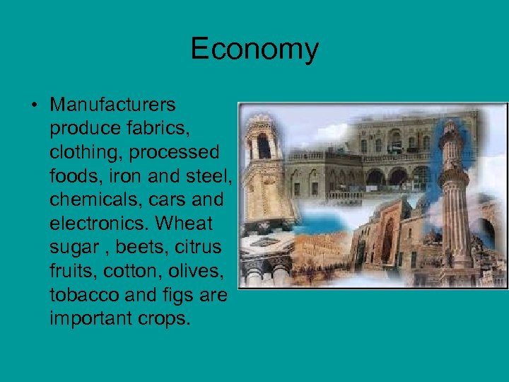 Economy • Manufacturers produce fabrics, clothing, processed foods, iron and steel, chemicals, cars and