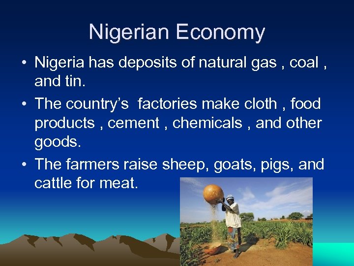 Nigerian Economy • Nigeria has deposits of natural gas , coal , and tin.
