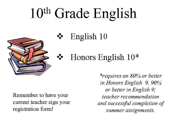 th Grade English 10 v Honors English 10* Remember to have your current teacher