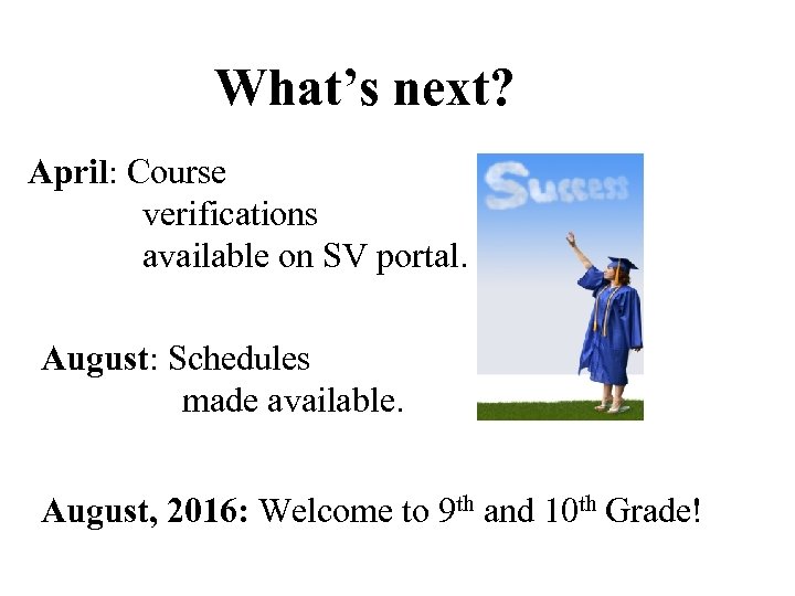 What’s next? April: Course verifications available on SV portal. August: Schedules made available. August,