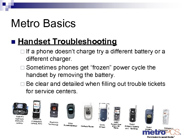 Metro Basics n Handset Troubleshooting ¨ If a phone doesn’t charge try a different