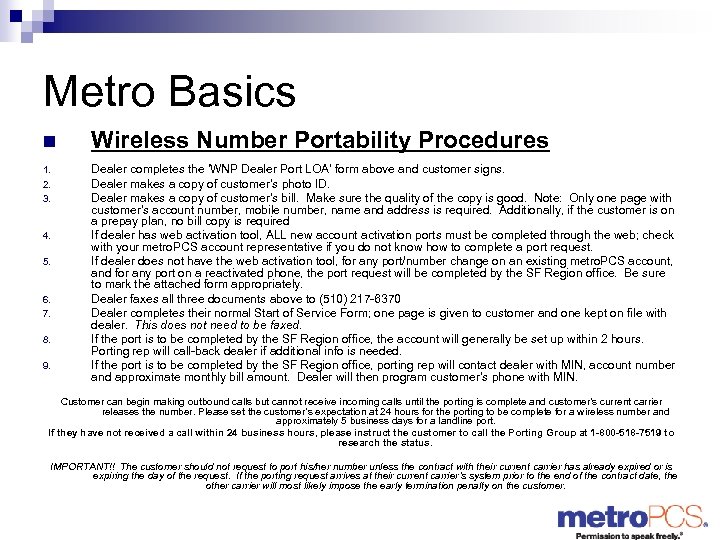 Metro Basics n 1. 2. 3. 4. 5. 6. 7. 8. 9. Wireless Number