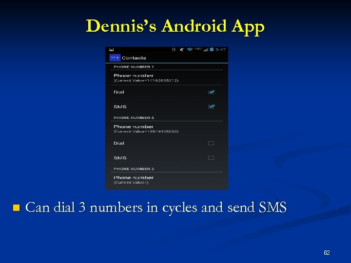 Dennis’s Android App n Can dial 3 numbers in cycles and send SMS 62