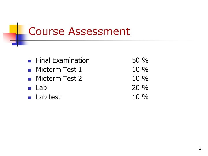 Course Assessment n n n Final Examination Midterm Test 1 Midterm Test 2 Lab