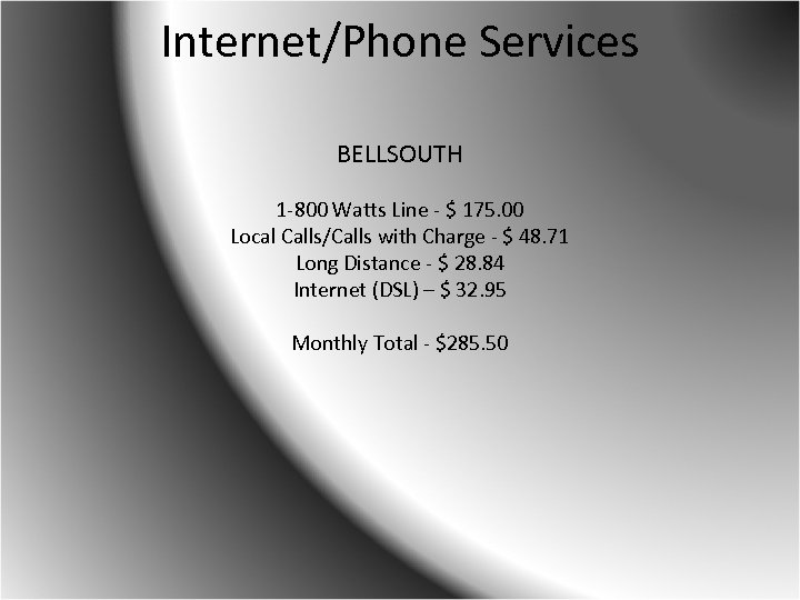 Internet/Phone Services BELLSOUTH 1 -800 Watts Line - $ 175. 00 Local Calls/Calls with