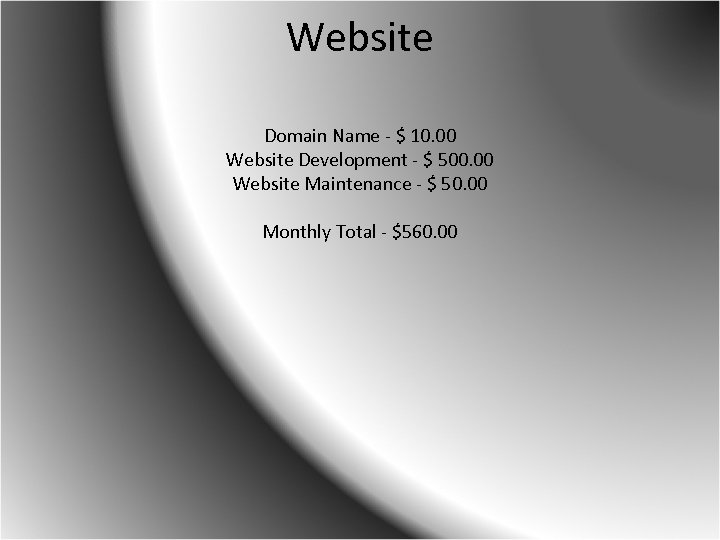 Website Domain Name - $ 10. 00 Website Development - $ 500. 00 Website