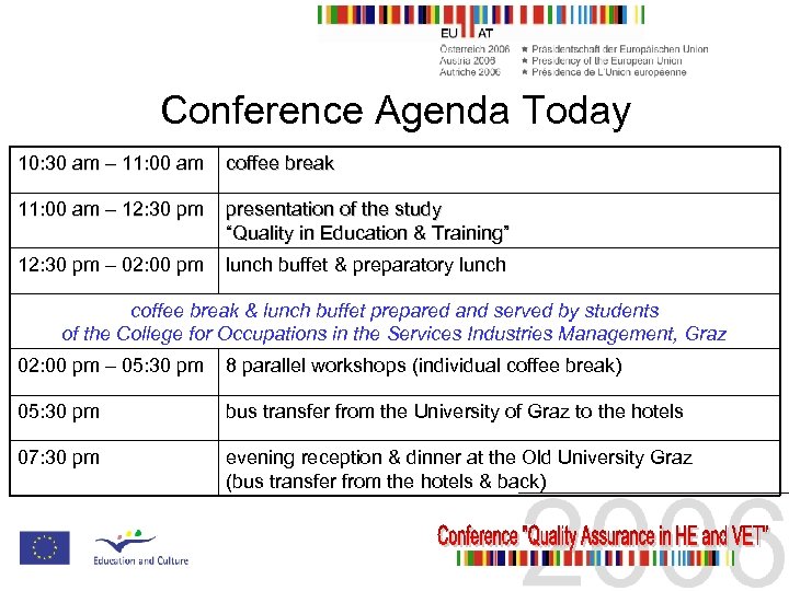 Conference Agenda Today 10: 30 am – 11: 00 am coffee break 11: 00