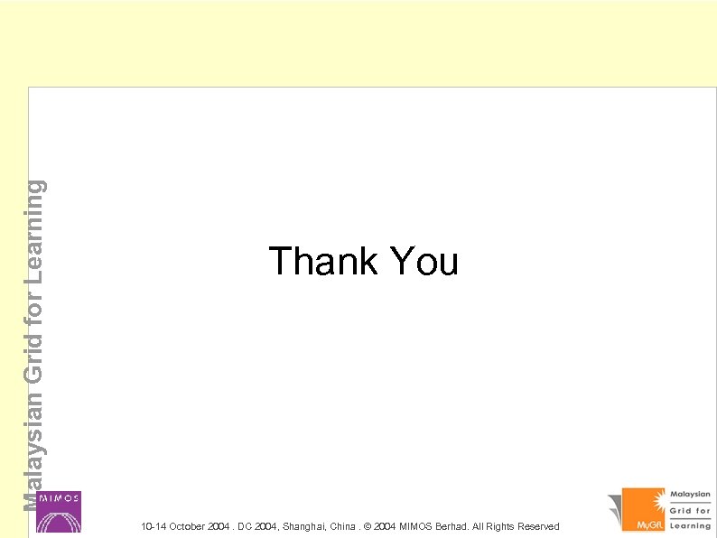 Malaysian Grid for Learning Thank You 10 -14 October 2004. DC 2004, Shanghai, China.
