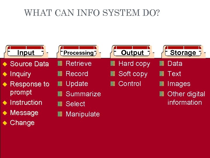 WHAT CAN INFO SYSTEM DO? Input u u u Source Data Inquiry Response to