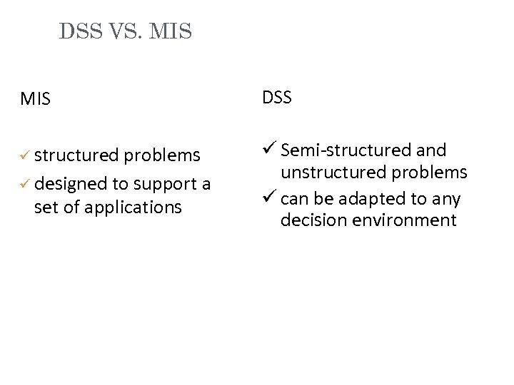 DSS VS. MIS DSS ü structured ü Semi-structured and unstructured problems ü can be
