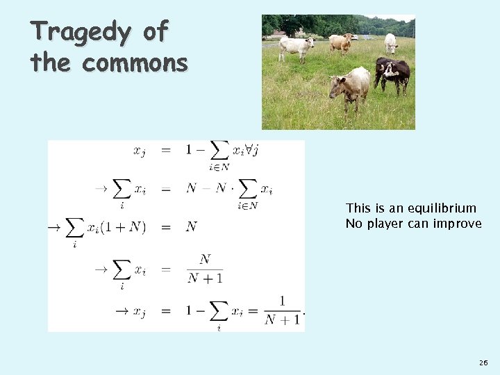 Tragedy of the commons This is an equilibrium No player can improve 26 