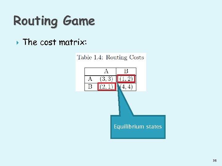 Routing Game The cost matrix: Equilibrium states 36 