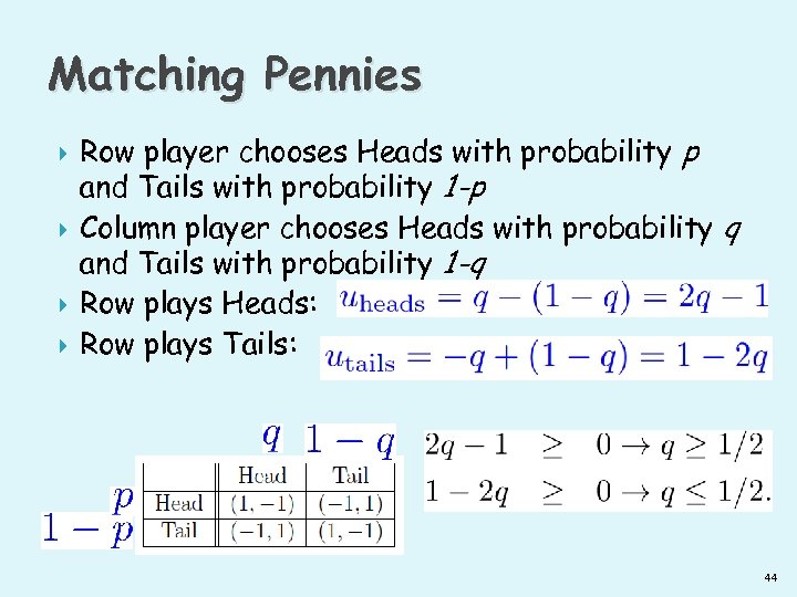 Matching Pennies Row player chooses Heads with probability p and Tails with probability 1