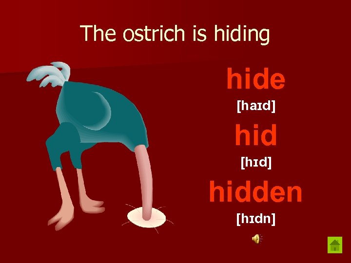 The ostrich is hiding hide [haɪd] hid [hɪd] hidden [hɪdn] 