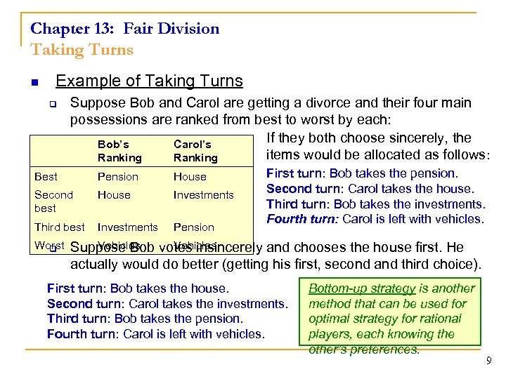 Chapter 13: Fair Division Taking Turns n Example of Taking Turns q Suppose Bob