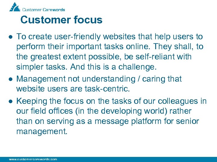 Customer focus l l l To create user-friendly websites that help users to perform