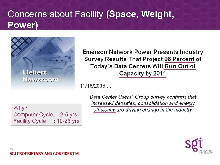 Concerns about Facility (Space, Weight, Power) Why? Computer Cycle: 2 -5 yrs Facility Cycle