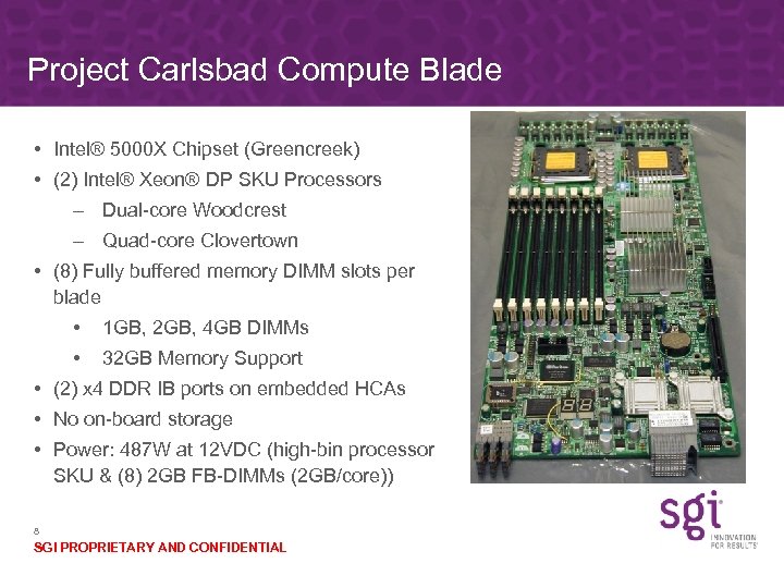 Project Carlsbad Compute Blade • Intel® 5000 X Chipset (Greencreek) • (2) Intel® Xeon®