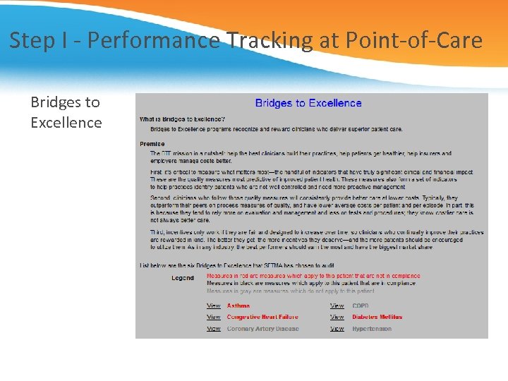 Step I - Performance Tracking at Point-of-Care Bridges to Excellence 
