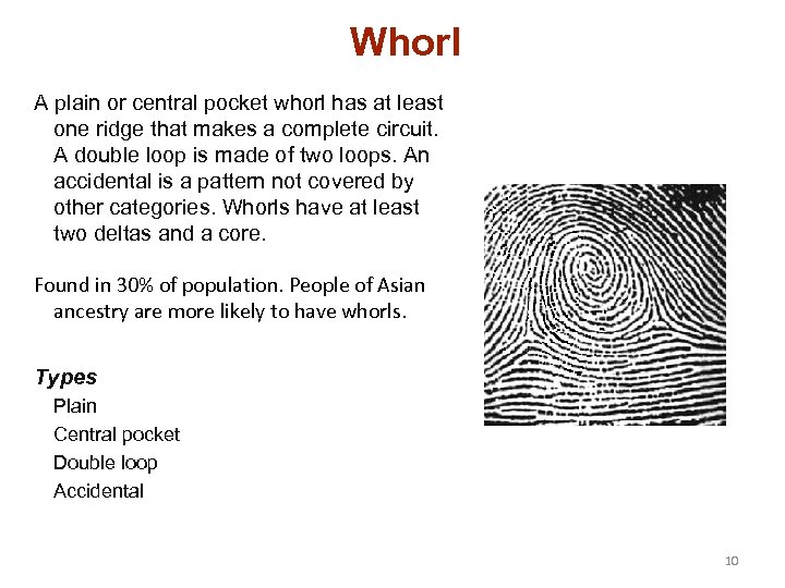 Whorl A plain or central pocket whorl has at least one ridge that makes