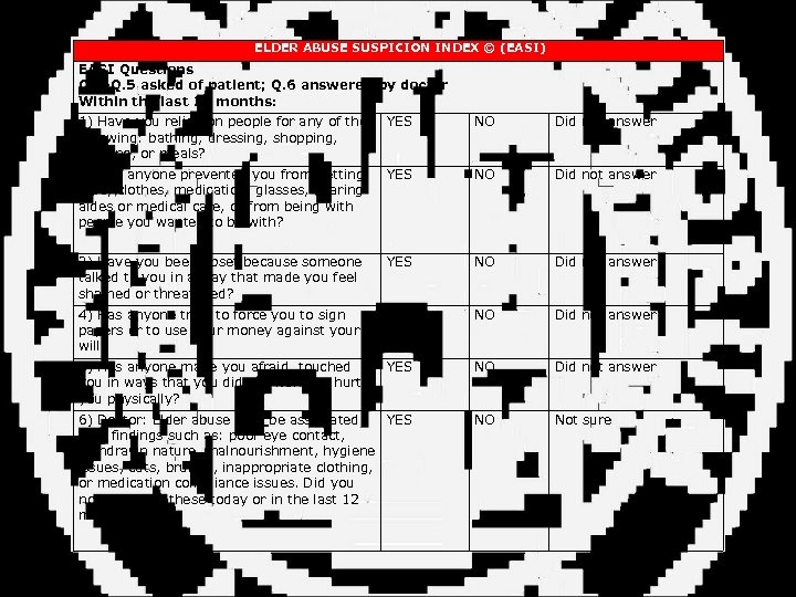 ELDER ABUSE SUSPICION INDEX © (EASI) EASI Questions Q. 1 -Q. 5 asked of