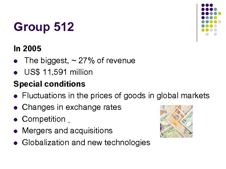 Group 512 In 2005 l The biggest, ~ 27% of revenue l US$ 11,