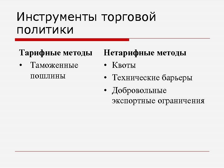 Инструменты торговой политики Тарифные методы • Таможенные пошлины Нетарифные методы • Квоты • Технические