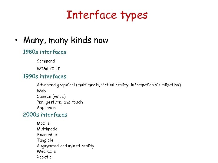 Interface types • Many, many kinds now 1980 s interfaces Command WIMP/GUI 1990 s