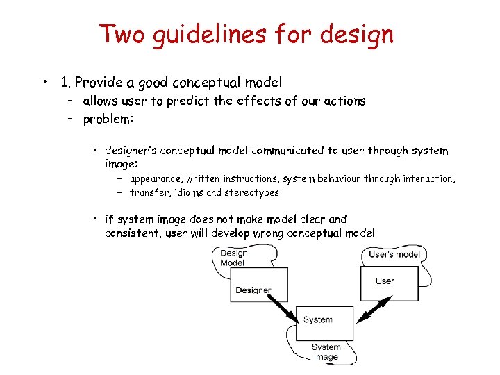 Two guidelines for design • 1. Provide a good conceptual model – allows user