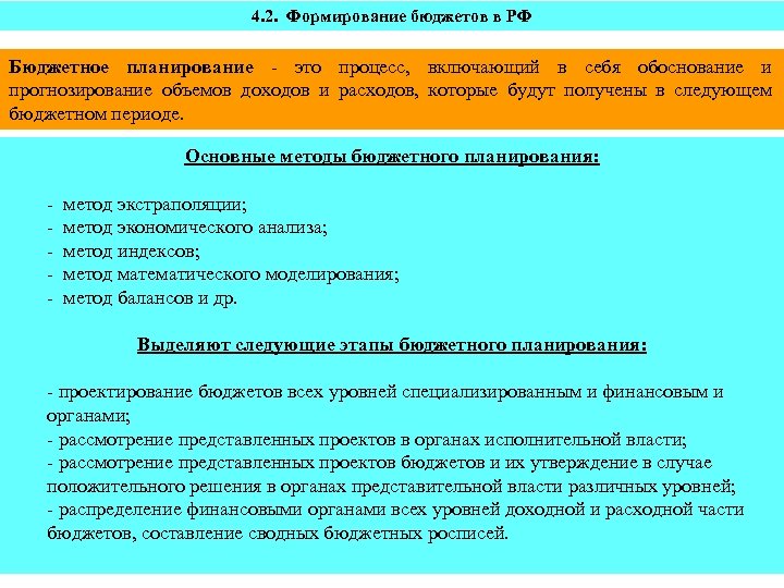 4. 2. Формирование бюджетов в РФ Бюджетное планирование это процесс, включающий в себя обоснование