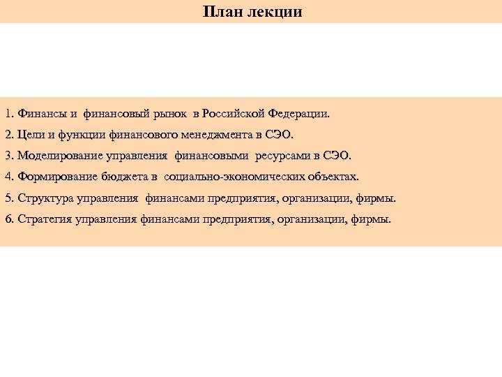  План лекции 1. Финансы и финансовый рынок в Российской Федерации. 2. Цели и