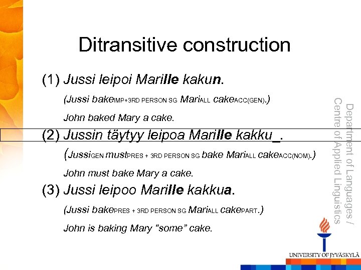 Ditransitive construction (1) Jussi leipoi Marille kakun. John baked Mary a cake. (2) Jussin